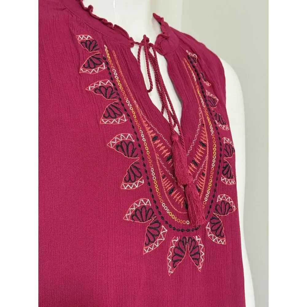 Cupio Boho Embroidered Shift Dress Size M Fuchsia Pink Sleeveless Tassel Fairy
